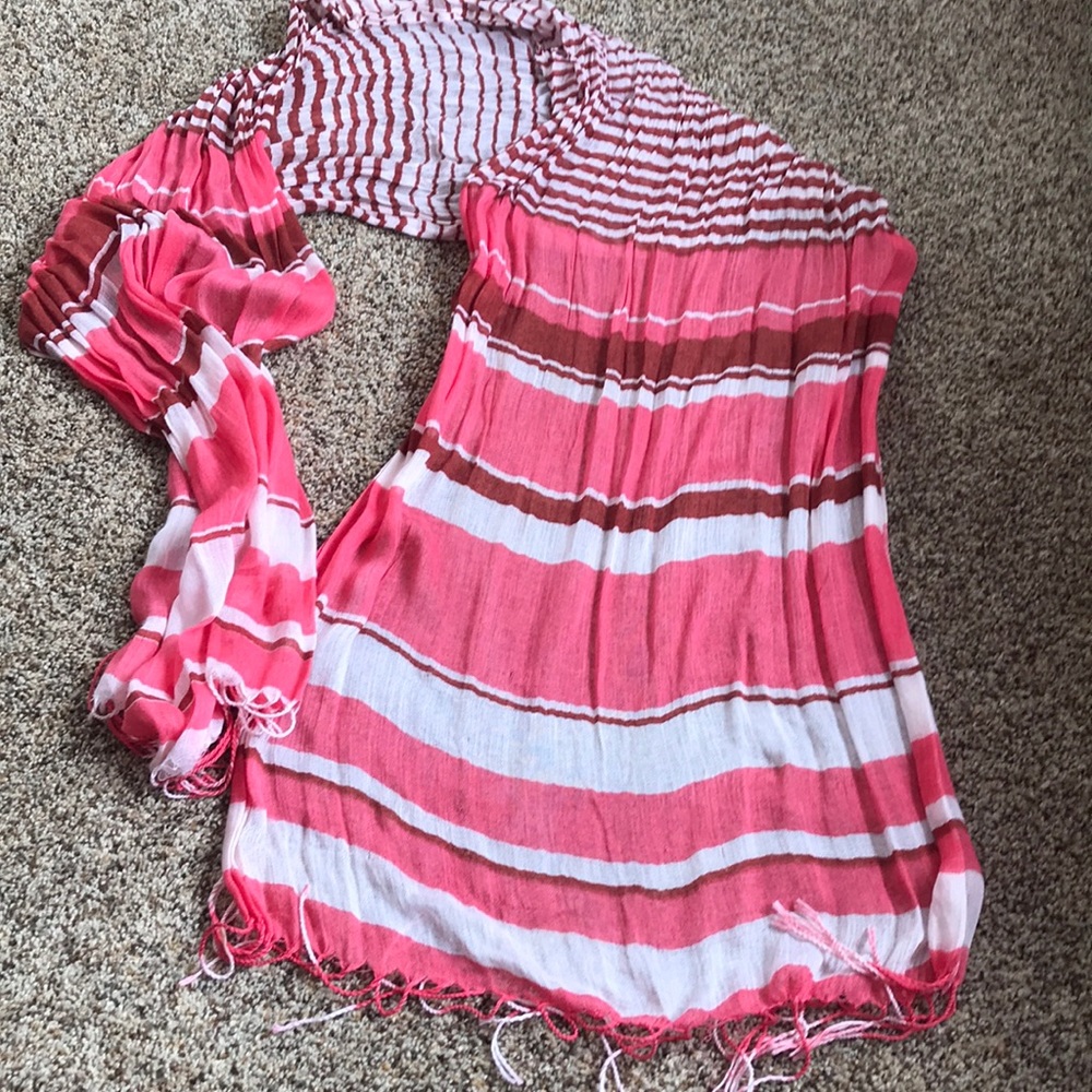 Pink (various shades) & w white striped scarf